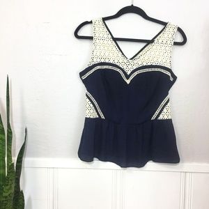 Anthropologie Greylin Navy & Cream Lace Peplum Top